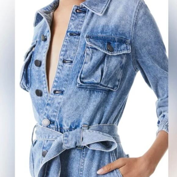 Alice + Olivia Distressed Etha Chambray Denim Jumpsuit - Tie Waist - Blue - 30 - Picture 3 of 12